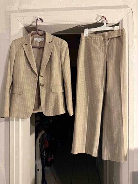 Tahari ASL Womens Pants Jacket Suit Two Piece Set Beige Pinstripe Sz Petite 4P